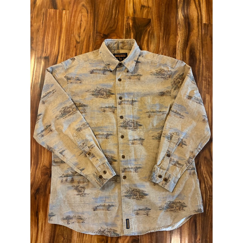 Woolrich John Rich & Bros Mens Corduroy Wildlife Print Button Down Shirt Large
